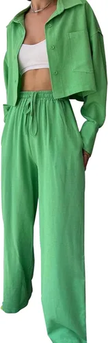 GXFGZZRS Womens Two Piece Outfits Summer Button Down Long Sleeve Cropped Shirt Blouse and Drawstring Long Pants Linen Set