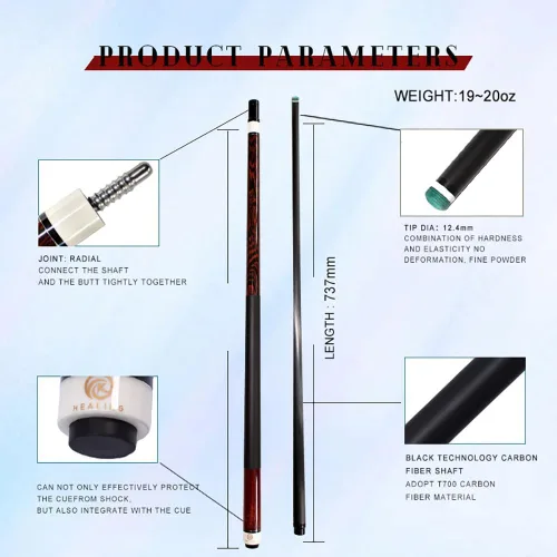 Vista 2 de EAGLEKING Taco de billar 100% fibra de carbono de 19 a 20 onzas, peso ajustable, 2 piezas, barra de billar de baja desviación con punta de cuero