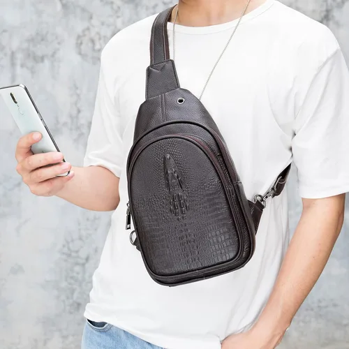 Vista 6 de Crocodile Leather Sling Bag with Leather Strap, 3 Zipper Crossbody Shoulder Bags for Travel Hike Everyday Carry