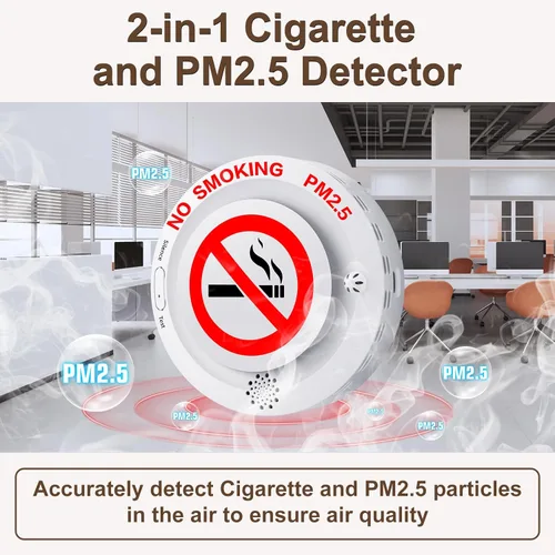Vista 2 de Detector de Cigarrillos 2en1 con Control Remoto, Alarma Anti-Fumar y PM2.5 con Recordatorio de Voz, Control de Tabaco y Monitor Ambiental