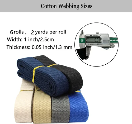 Vista 2 de Correas de algodón de 1 pulgada, 6 colores, 12 yardas, colores mezclados, para asas de bolsa, bolsas de mano, cinturones, artes y manualidades 6