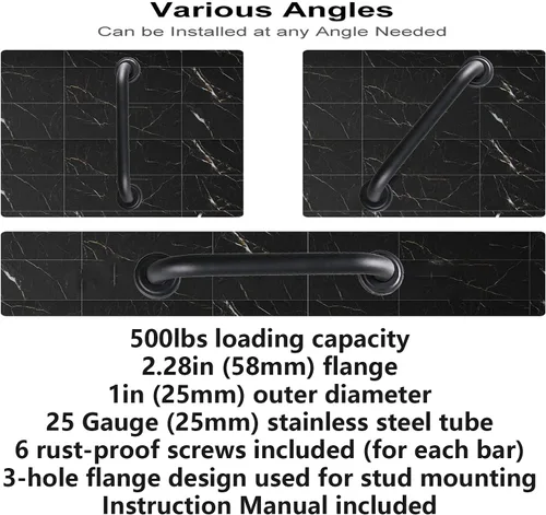 Vista 3 de Paquete de 2 barras de agarre para ducha negras aceitadas de 12 pulgadas, barras de seguridad para ancianos de acero inoxidable, barra de equilibrio
