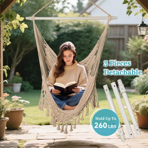 Vista 2 de Bathonly Silla hamaca de cuerda de algodón tejida a mano con barra separadora de metal, hamaca caribeña, silla colgante bohemia para dormitorio