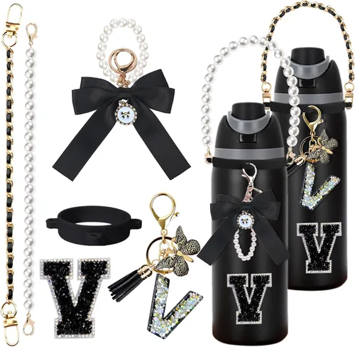 Vista 15 de 6 piezas de accesorios con letras para botella de agua Owala 24 oz 32 oz 40 oz, con lindos dijes iniciales y correa para el asa, compatible con Negro