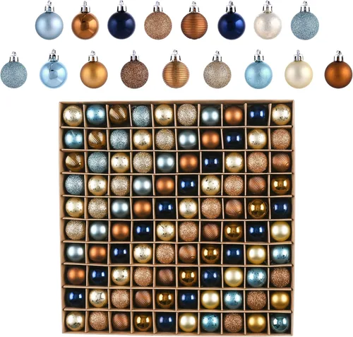 Valery Madelyn Juego de 100 mini adornos de Navidad para decoración de árbol de Navidad, bolas de Navidad inastillables de cobre azul y oro, adornos