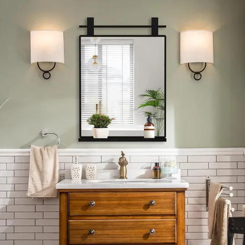 Vista 10 de [Usado] ANYHI Espejos de baño para pared, espejo de pared de metal con estante, perfecto para sala de estar, dormitorio, entrada, rectangular Negro