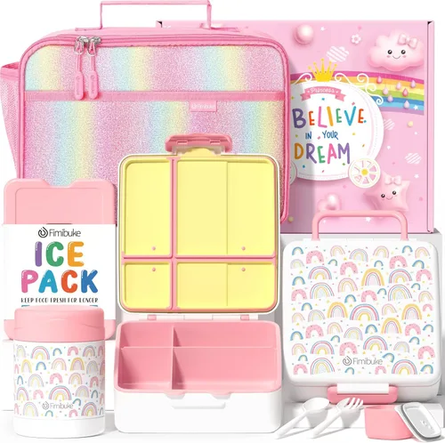 Vista 13 de Fimibuke Lonchera Bento para niños con 4 compartimentos, bolsa aislada, tarro de alimentos al vacío de acero inoxidable, paquete de hielo, juego
