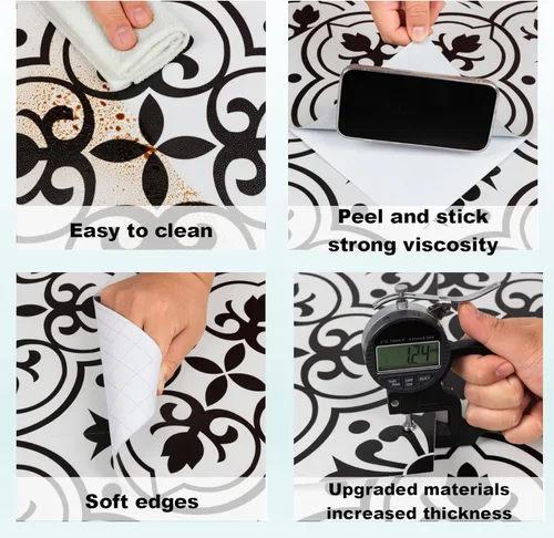 Vista 4 de Alow Azulejo de piso para despegar y pegar: 10 piezas de pisos de despegar y pegar en blanco y negro, impermeable, autoadhesivo, suelo de vinilo