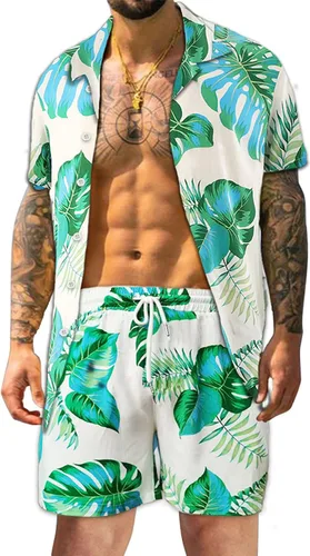 Atwfo Conjunto de camisa hawaiana y pantalón corto para hombre, conjunto de 2 piezas para vacaciones, casual, con botones, playa, trajes florales