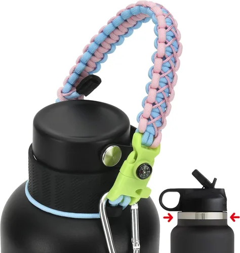 Vista 45 de Asa de cuerda de paracaídas para botellas Hydroflask 2.0 de boca ancha y estándar, con nuevo soporte de anillo de seguridad, 12oz - 64oz