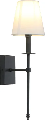 Vista 11 de PERMO Aplique de pared industrial rústico clásico individual con pantalla textil blanca acampanada y soporte de columna cónico cromado