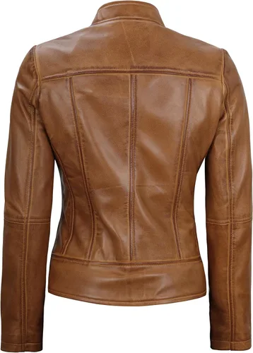 Vista 5 de Decrum Chaqueta de cuero marrón para mujer - Cafe Racer Leather Biker Style Casual Chaquetas para mujer