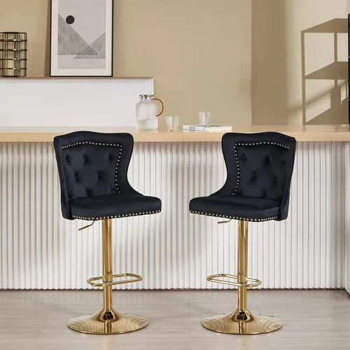 Vista 6 de Juego de 2 taburetes de bar negros y dorados, taburetes de bar de terciopelo con respaldo de ala alta, modernas sillas de bar tapizadas, taburete