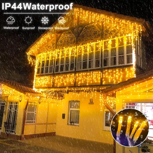 Vista 4 de Einiiya Luces de carámbano para exteriores 400 luces LED parpadeantes de 33 pies 8 modos de iluminación conectables enchufables impermeables