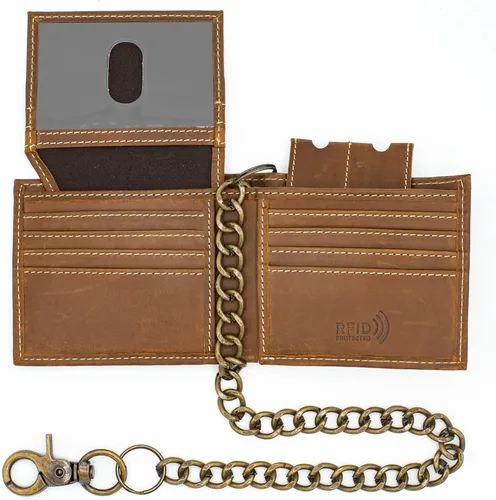Cartera de cuero genuino para hombre, con bloqueo RFID, plegable, elegante, billetera plegable con cadena de acero inoxidable, billetera abatible