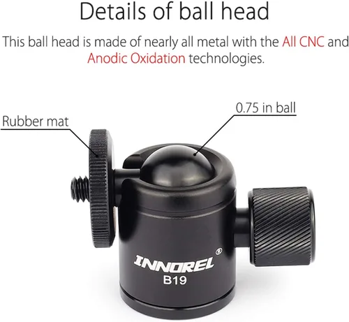 Vista 5 de INNOREL B19 - Cabeza de bola de trípode, cabeza esférica de metal de 360°, inclinación de 90°, montaje de trípodes con adaptador de 3/8 a 1/4