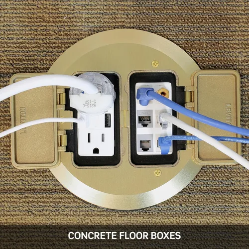 Vista 4 de Leviton Caja de piso de hormigón Placa de cubierta niquelada, 2 tapas abatibles Decora, FBC2F-N