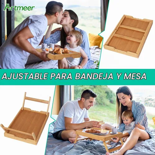 Vista 6 de Artmeer Bandeja de cama con patas plegables, desayuno de bambú en la cama para mesa de TV, bandeja de computadora portátil, comer, bandeja de Negro