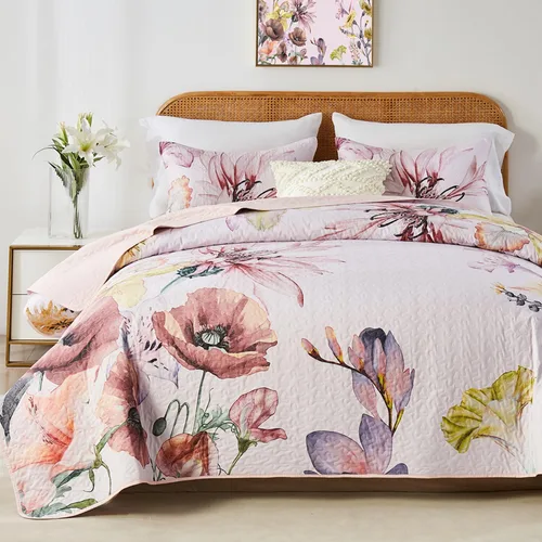 Vista 9 de Yogeneg Juego de edredón de tamaño matrimonial, juego de ropa de cama de 3 piezas con patrón botánico de mariposa blanca y gris rubor, colcha