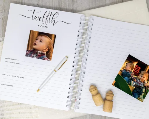 Vista 8 de Personalized Twin Baby Memory Book - Hardcover First Year Album Customized with Babies’ Names - Prompted Baby Journal (Blue Mountains)