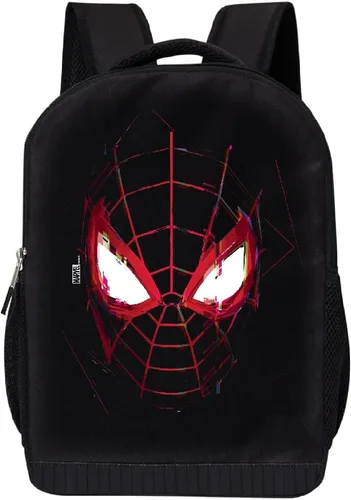 Marvel Mochila de Spiderman de Cómics, bolsa acolchada de malla negra de 16 pulgadas con texto en inglés "Into The Spider-Verse", Millas Morales 1,