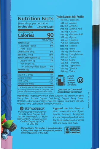 Vista 2 de Sunwarrior - Proteína vegana en polvo con BCAA, semillas de cáñamo, libre de gluten, sin OGM, lácteos, soja, azúcar, baja en carbohidratos, sabor