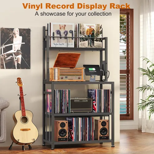 Vista 6 de EasyCom Soporte para tocadiscos con almacenamiento de vinilo, soporte para tocadiscos con capacidad para hasta 300 álbumes, mesa grande
