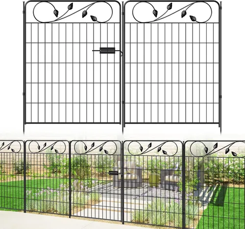 Vista 9 de FOREHOGAR Valla decorativa de metal para jardín, 24 pulgadas de alto x 10 pies de largo, 5 paneles de hojas negras a prueba de óxido, valla