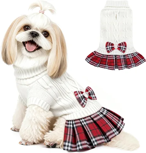 Vista 12 de YUDODO Vestido suéter para perro pequeño con corbata de cuello alto y lazo - Ropa de invierno tejida para perros hembras - Suéter cálido para Marrón