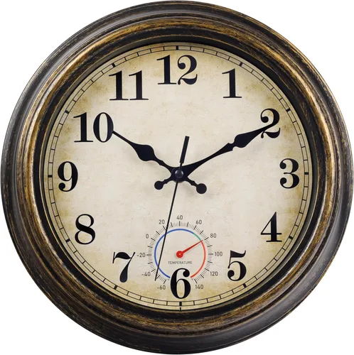 Vista 10 de Relojes para exteriores impermeables con termómetro, reloj de pared costero rústico para patio, piscina, jardín (12 pulgadas, azul)