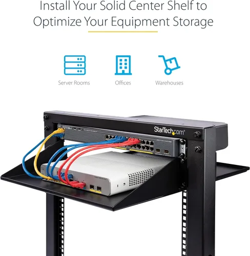 Vista 4 de StarTech.com Estante de gabinete de red de 2U de 19 pulgadas y 2 postes – Bandeja voladiza de montaje central de 20 pulgadas de profundidad