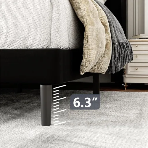 Vista 5 de Base de cama tamaño Queen con cabecera tapizada con respaldo de ala, plataforma de fácil montaje, soporte de listones de madera, no necesita somier