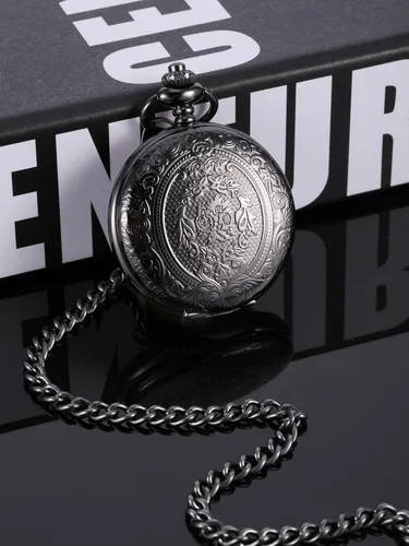Vista 5 de Reloj de bolsillo de cuarzo para hombre con esfera negra y cadena