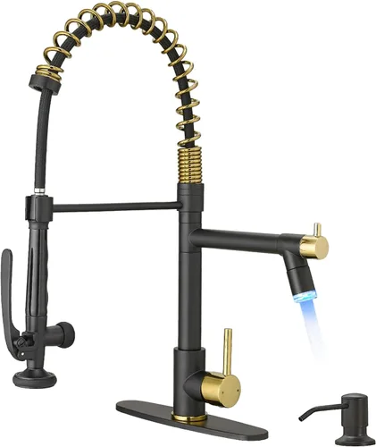 Vista 12 de Fapully - Grifo de fregadero de cocina comercial con mango único extraíble con rociador, níquel cepillado, con luz LED