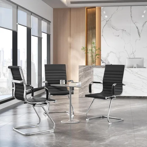 Vista 2 de Yaheetech Silla de recepción de oficina de piel sintética sin ruedas, respaldo medio, ergonómicas, sillas de invitados para conferencias, sala