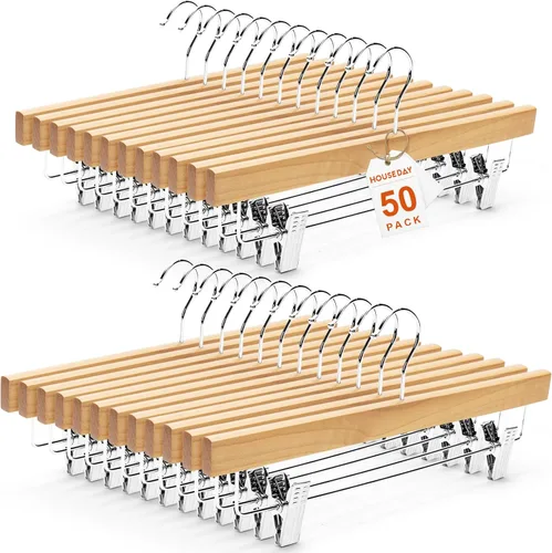 Vista 15 de HOUSE DAY Perchas de madera para pantalones con clips, perchas de madera maciza de loto de lujo, gancho resistente y antioxidante para pantalones