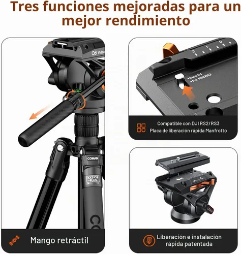 Vista 2 de COMAN Trípode con cabeza fluida para videocámara DSLR, monopié trípode de cámara con panorámica de 360° y +90°/-70° de inclinación, nueva cabeza