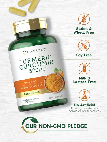Vista 5 de Carlyle Suplemento de curcumina de cúrcuma 180 cápsulas con extracto de pimienta negra Sin OMG y sin gluten