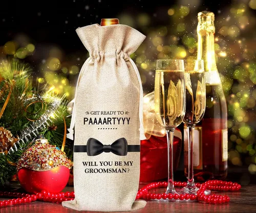 Vista 4 de Muruseni Regalos de propuesta de padrino, bolsas para botellas de vino, Will You Be My Groomsman Proposal, bolsas de vino de lino de algodón