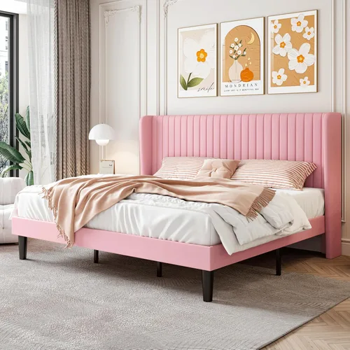 Vista 12 de SHA CERLIN Base de cama de terciopelo tamaño Queen con cabecera capitoné de canal vertical, plataforma tapizada con listones de madera, no necesita
