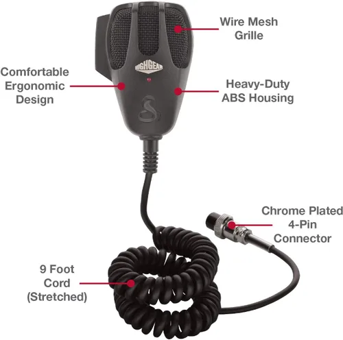 Vista 2 de Cobra HG M77 Micrófono CB de repuesto prémium con cancelación de ruido (negro) Conector de 4 pines, cable de 9 pies, carcasa ABS resistente