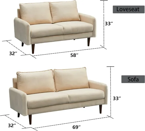 Vista 3 de INSTORY Sofá de terciopelo Sofá moderno de mediados de siglo con patas de madera para sala de estar - Beige