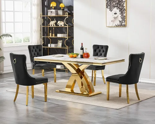 Vista 15 de Mesa de comedor de mármol blanco y dorado de 68.11 pulgadas con 4 sillas de comedor de terciopelo beige, juego de mesa de comedor de mármol