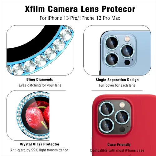 Vista 3 de Xfilm Bling Diamond - Protector individual de lente de cámara para iPhone 13 Pro / 13 Pro Max, cubierta de protección de lente de cámara de vidrio