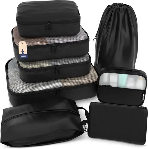 Shacke Juego de 8 cubos de equipaje de alta calidad, organizadores de equipaje de viaje de malla ligera con bolsa de lavandería, sistema de