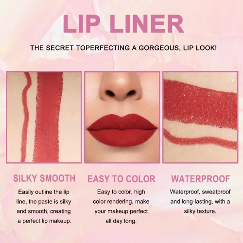 Vista 3 de evpct Juego de 1 lápiz labial y delineador de labios rojo rubí para mujer, kit mate con delineador de labios, manchas de labios duraderas