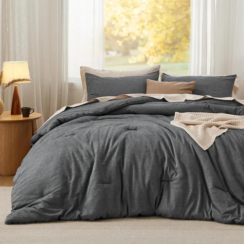 Vista 11 de Bedsure Juego de edredón de tamaño matrimonial, tela de algodón con relleno interior de microfibra, juego de cama suave verde bosque para todas