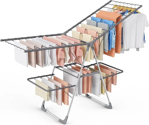 Vista 10 de Escurridor de ropa, plegable de 2 niveles con alas ajustables en altura, para ropa y ropa de cama, estante independiente que ahorra espacio, Gris