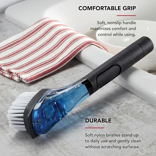 Vista 4 de KitchenAid Cepillo dispensador de jabón para fregadero con mango fácil de llenar, cerdas de nailon para una limpieza resistente, mango de agarre