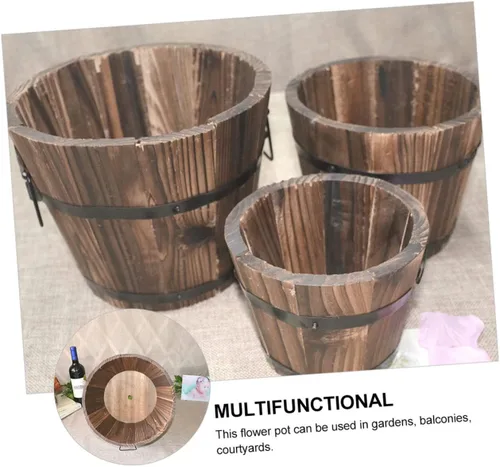 Vista 7 de Maceta de madera para suculentas, 3 piezas, macetas grandes para exteriores, macetas redondas rústicas, macetas de madera rústicas, macetas
